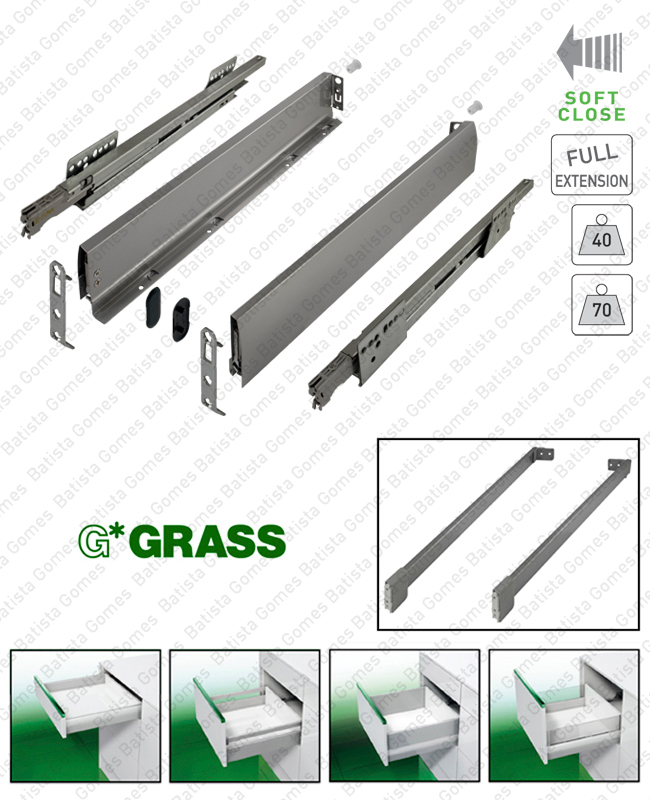 Sistema de laterais com corredi�as Soft-Close para gavetas e gavet�es / Extra��o total / 40 e 70kg